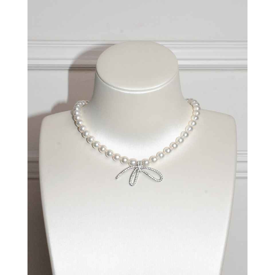 4A Freshwater Near Round Necklace in Copper - Ribbon Pendant - White (6 -7mm)