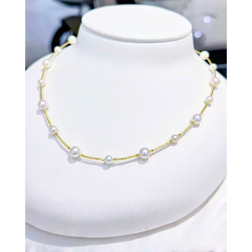 4A Japanese Akoya Round Necklace in 18K Gold - Classic Dot Necklace - White (4.5-7mm)