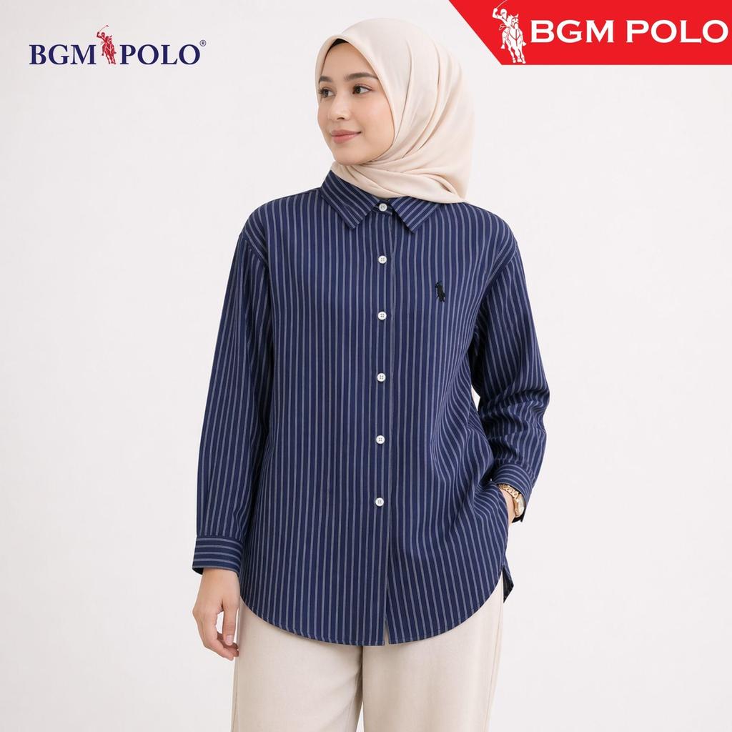 BGM POLO LYRA DOUBLE STRIPED BLOUSE พร้อมโลโก้ปุ่มเต็ม-BP-DSB193LFB-CXCNCTW เสื้อผู้หญิงเสื้อผู้หญิง