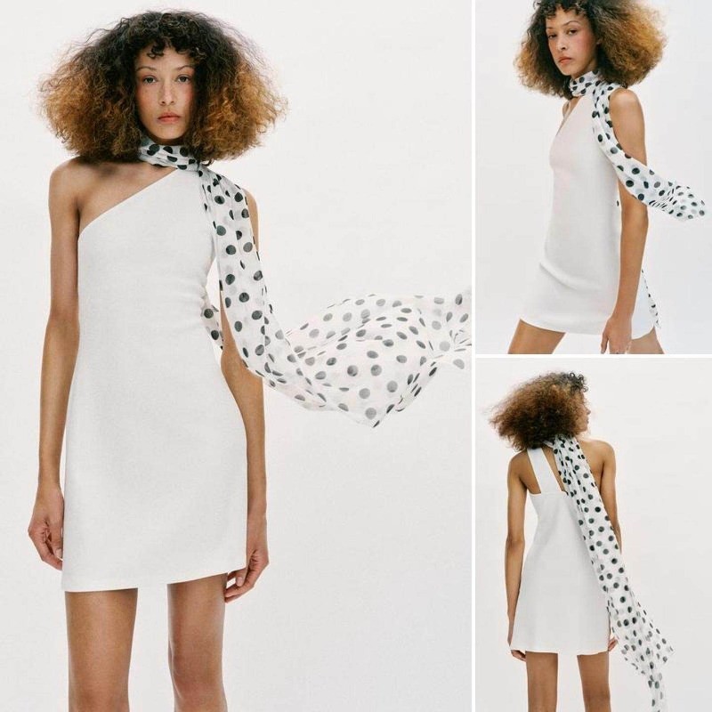 สําหรับ Polka Dot Scarf Halter Neck Collar ชุดเดรสเกาะอกไม่สมมาตร1165467