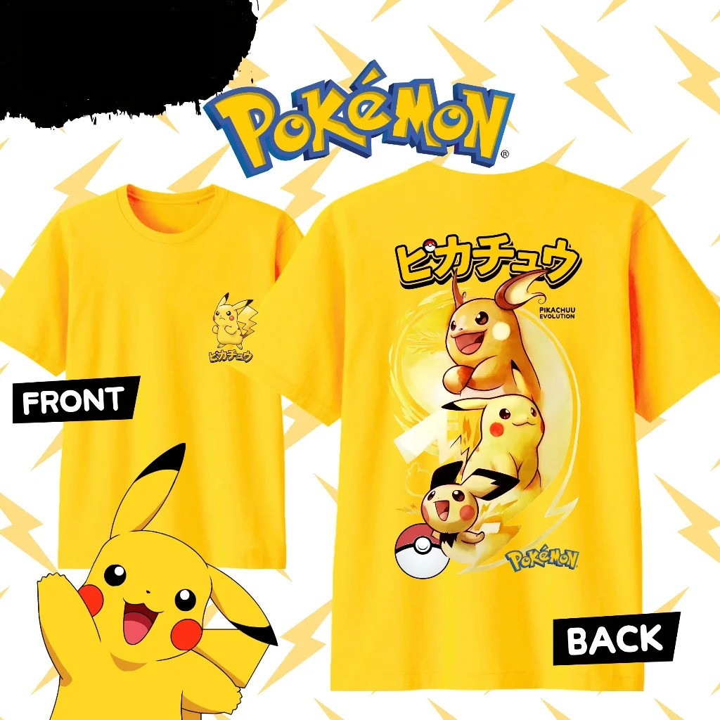เสื้อยืด Pokémon ลายวิวัฒนาการของ Pikachu ผ้าฝ้าย 100%, คอกลม, แขนสั้น ใส่ได้ทั้งชายและหญิง (ไซส์ S–