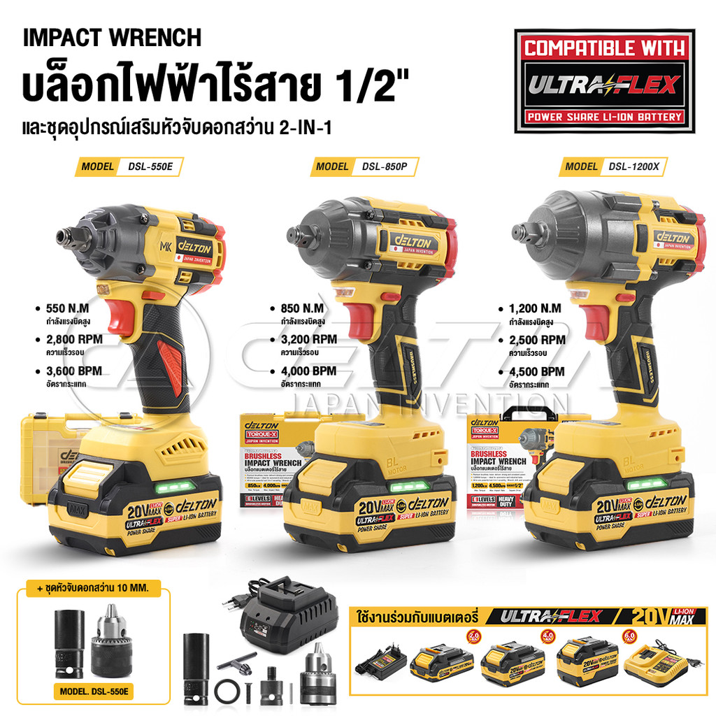 DELTON 2in1 บล็อกกระแทกไร้สาย 20V รุ่น DSL-550E / DSL-850P / DSL-1200X MK Series ใช้งานร่วมกับแบตเตอรี่ กลุ่ม MK-Series