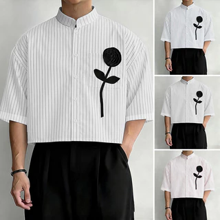 INCERUN เสื้อผู้ชายสไตล์เกาหลี คอตั้งแขนครึ่งลายทาง ออกแบบด้วยการเชื่อมต่อแบบ 3D ดอกไม้