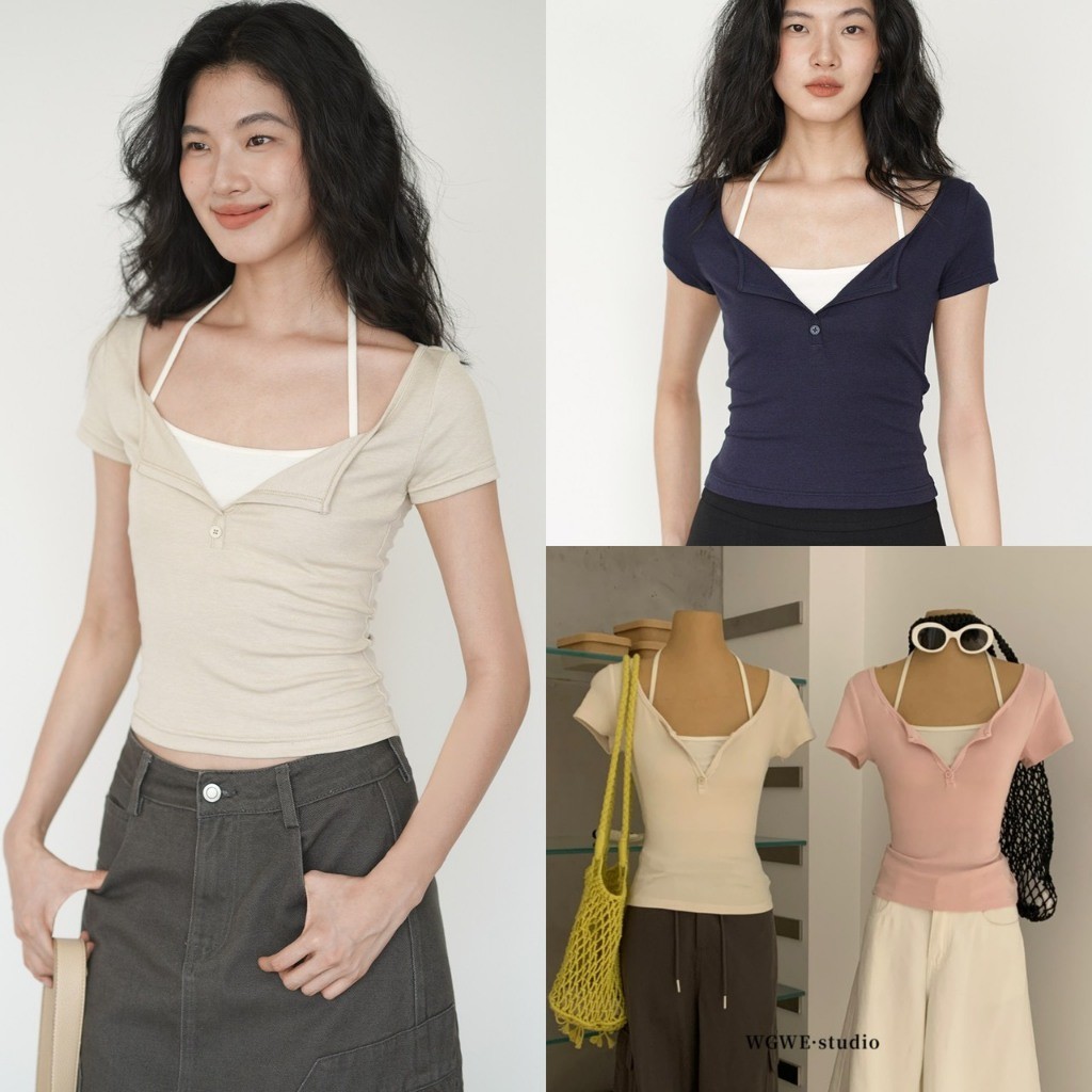 💖🎀 W9113 เสื้อยืดแขนสั้น แต่ง2 ชั้น แต่งกระดุม  งานฮิต งานตามหามากๆค่า ผ้าดีใส่สบาย แฟชั่นเกาหลี TAG