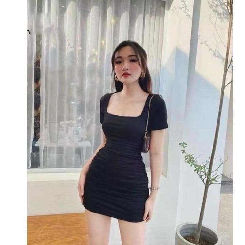 B100s ชุดเดรส QC bodycon คอเหลี่ยม แขนสั้น ยืดหยุ่นดี ไซส์ต่ํากว่า 53kg