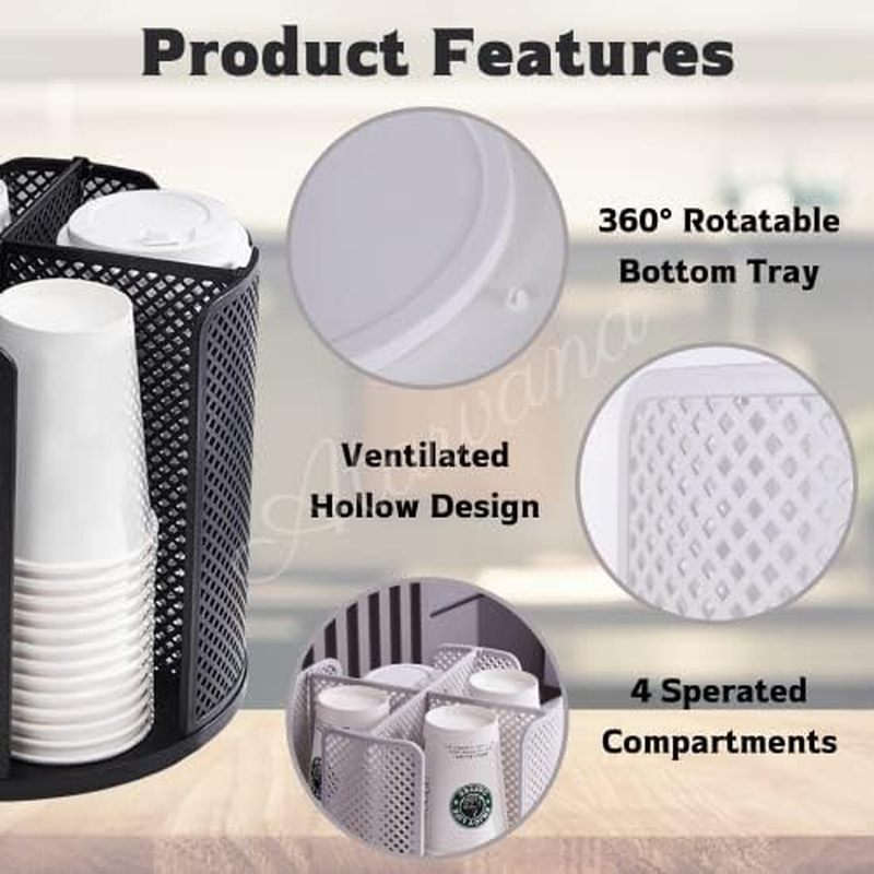 Rotatable Coffee Cup Dispenser with 4 Compartments, Atavarna Cups and Lids Holder for 5-16oz Cups Or