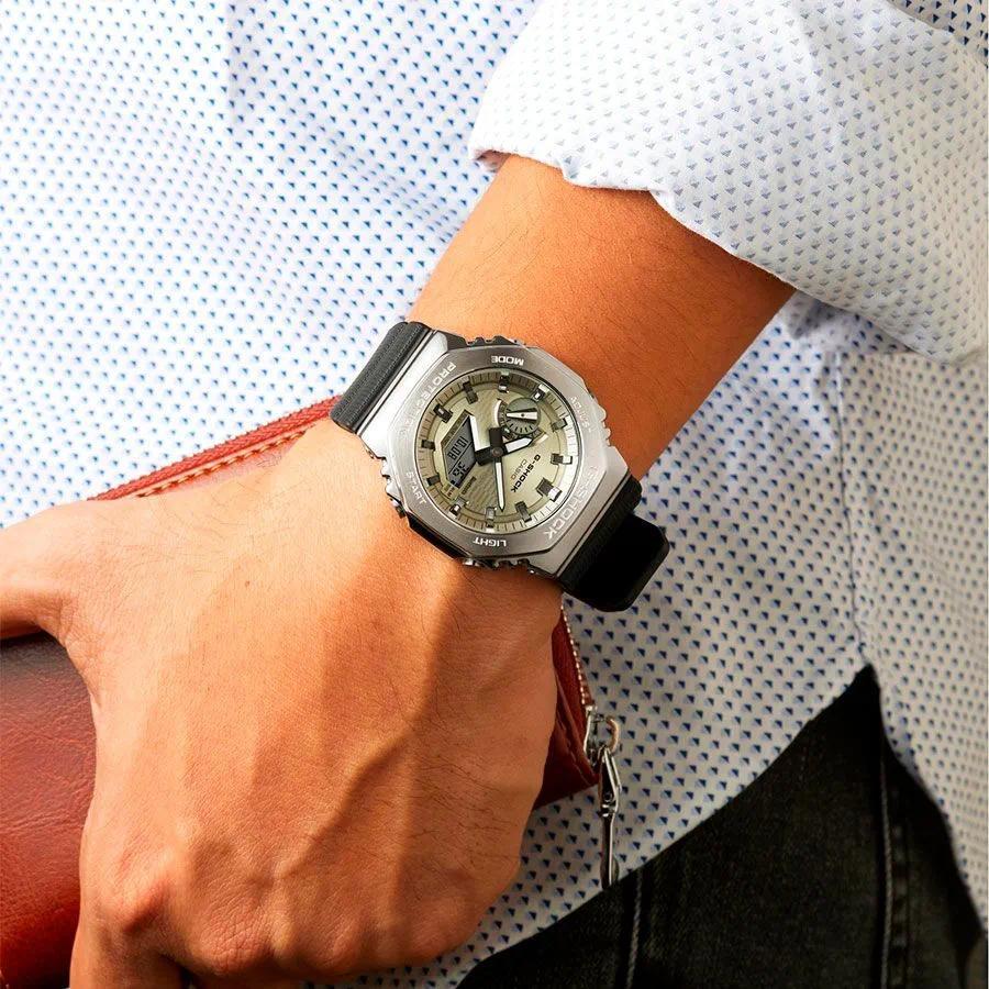 GBM-2100A-8B Analog Digital Stainless Steel Case silvery Resin Band Watch G-STEEL Sports Resin สายนา