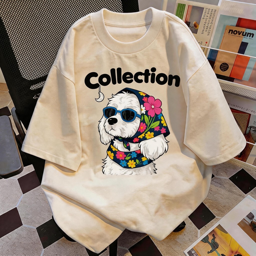 TEE·SHOP🍀 เสื้อยืด oversize เสื้อเท่ๆ เกาหลี " Floral Puppy " เสื้อแฟชั่นใ เกาหลีสไตล์ พิมพ์ลาย ผ้านิ่มใส่สบาย COD📦