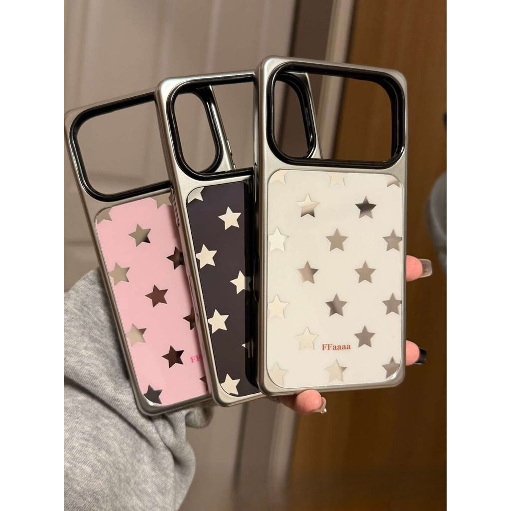 เคสน่ารักสีชมพู Silver Star Electroplated Edge สไตล์เกาหลีเคสโทรศัพท์ IMD สําหรับ iPhone 17 Pro Max 16 Pro 15