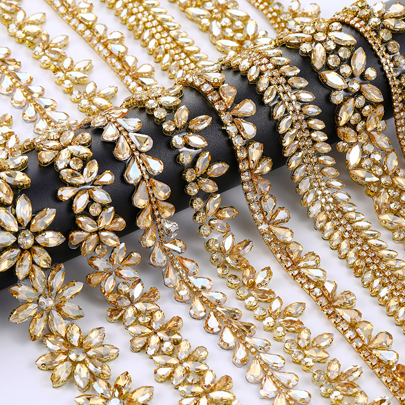 หรูหราแชมเปญ Rhinestone Trim Hotfix โซ่ประกายดอกไม้คริสตัล Applique สําหรับชุดแต่งงาน,งานฝีมือ DIY,ตกแต่ง