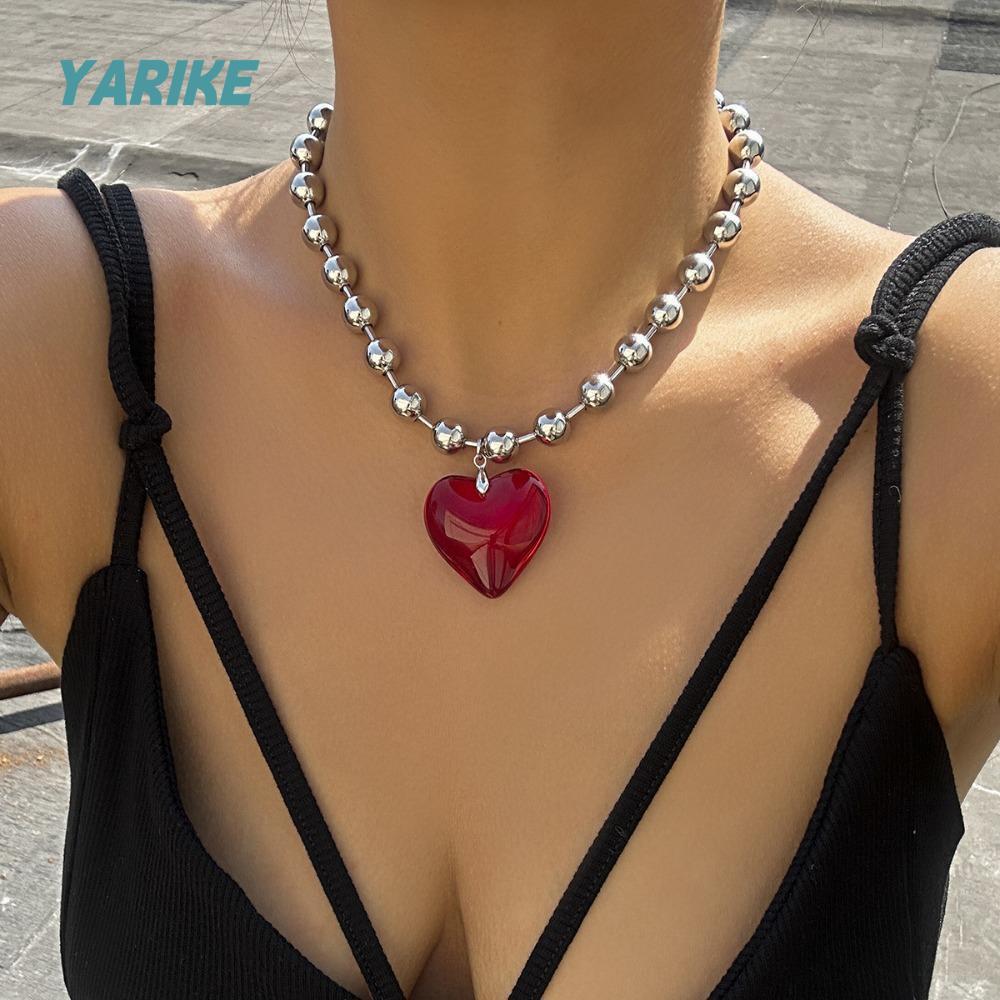 YARIKE สร้อยคอหัวใจสีแดง YARIKE สไตล์พังก์และฮิปฮอป กะทัดรัดสำหรับของขวัญ