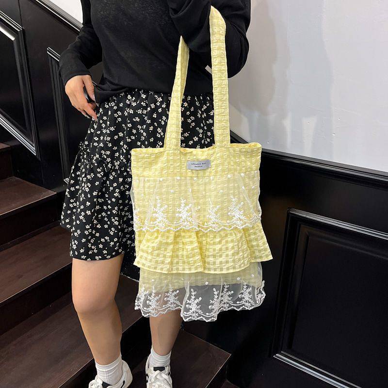 Super Hot Canvas Bag Women's Large Capacity Lace Ruffles Cloth Bag Y2g Dopamine Candy Color Commuter