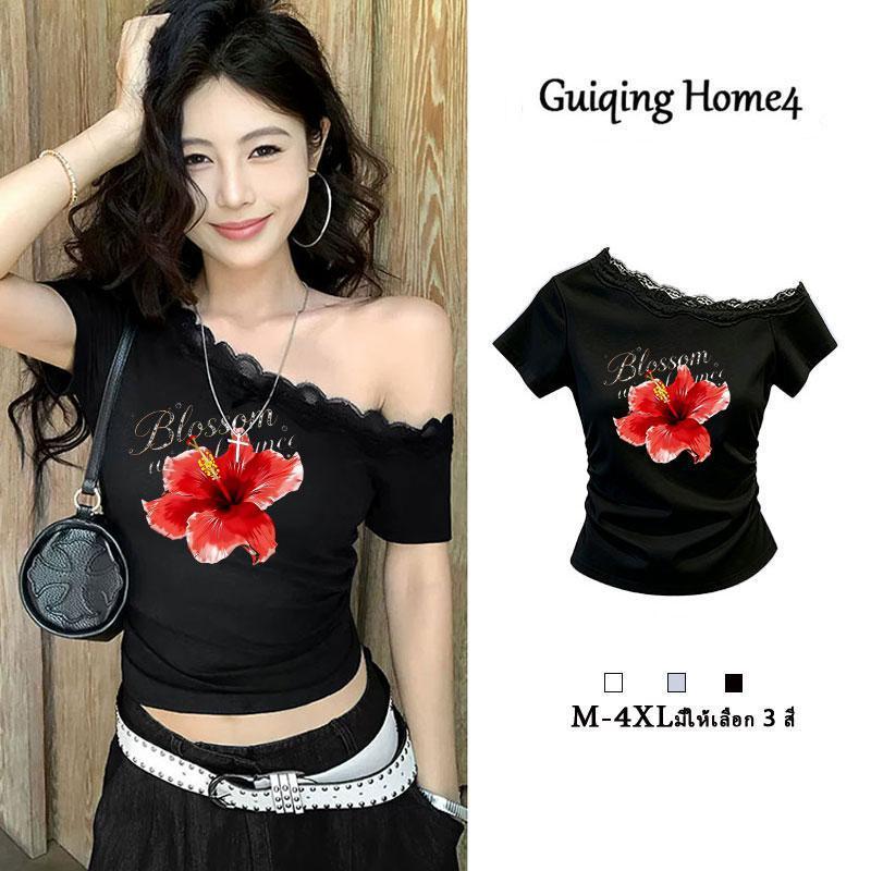 (จัดส่งตลอด 24 ชั่วโมง) M-4XLเสื้อลูกไม้วัยรุ่นสาวอวบ  เสื้อปาดไหล่ ข้างเดียว เสื้อครอปลายดอกไม้สงกรานต์ แห้งเร็วไม่ยับ