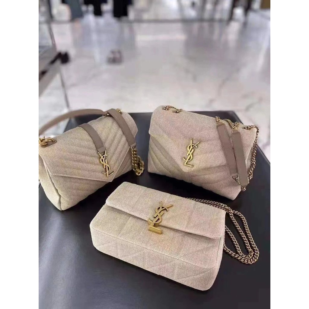 YSL/Saint Laurent Ladies LOOULOU "Y" Quilted Denim Canvas YSL Bag กระเป๋าสะพาย Messenger Bag Linen M