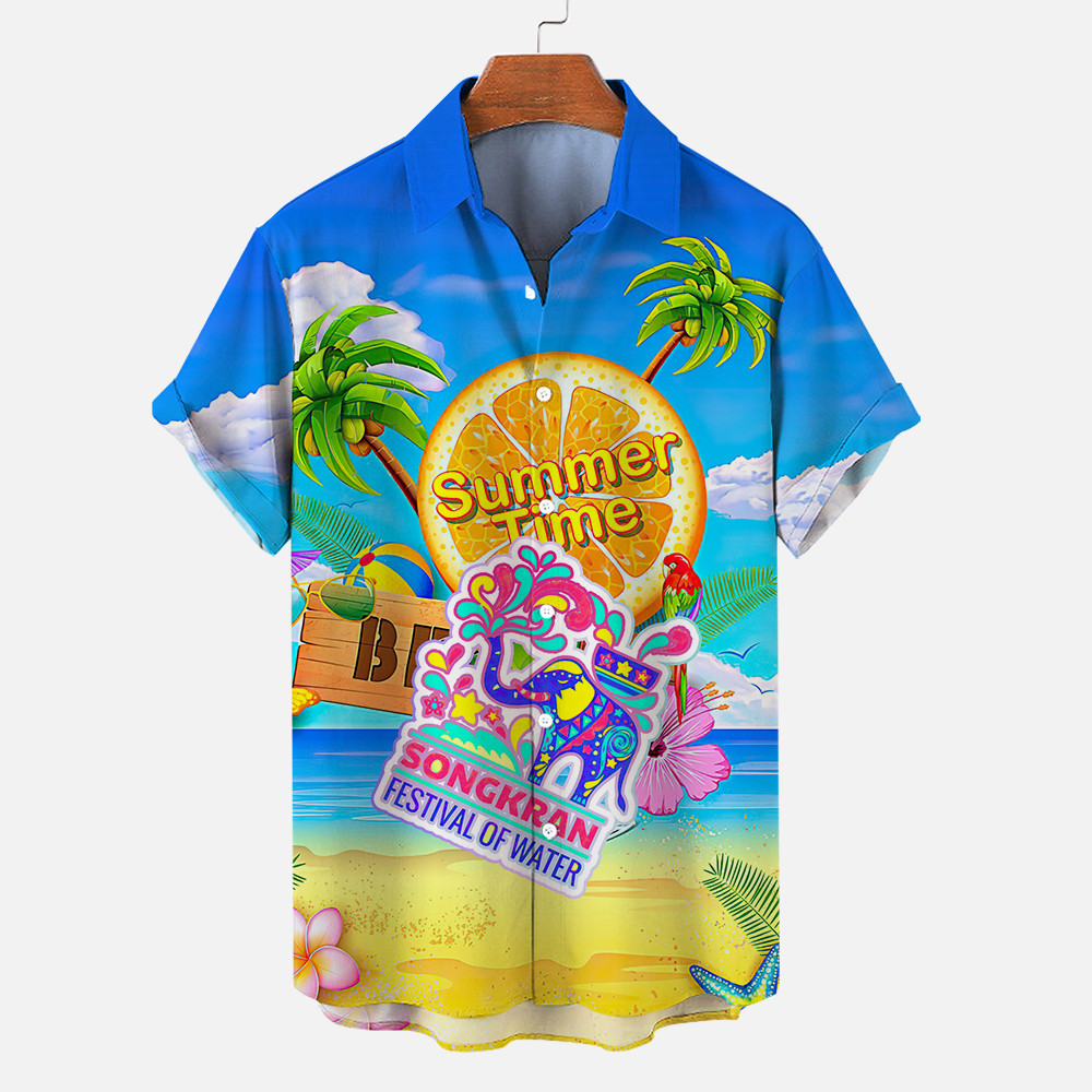เสื้อผู้ชายเทศกาลสงกรานต์ 2026 สีฟ้า พิมพ์ลายสงกรานต์