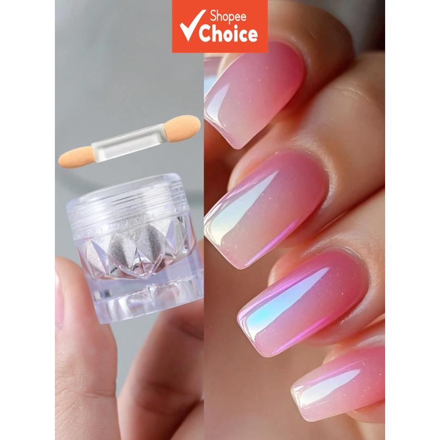 ผงเล็บสีขาว ผงกระจกเงาโปร่งแสง สําหรับตกแต่งเล็บ + ที่ทาเล็บ 1 ชิ้น