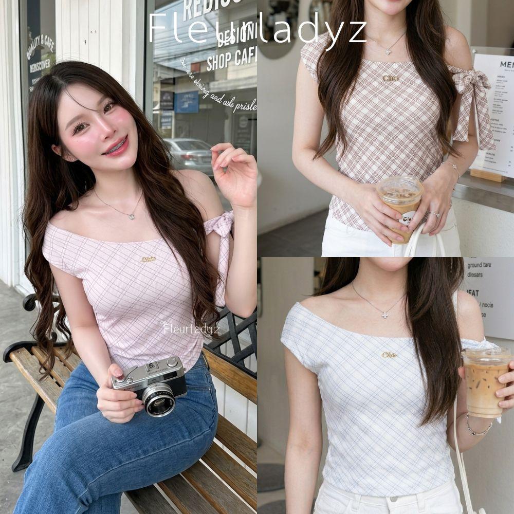 Fleurladyz เสื้อไหล่เดียว ผูกไหล่ ผ้าร่องลายตาราง ผ้าดีมาก