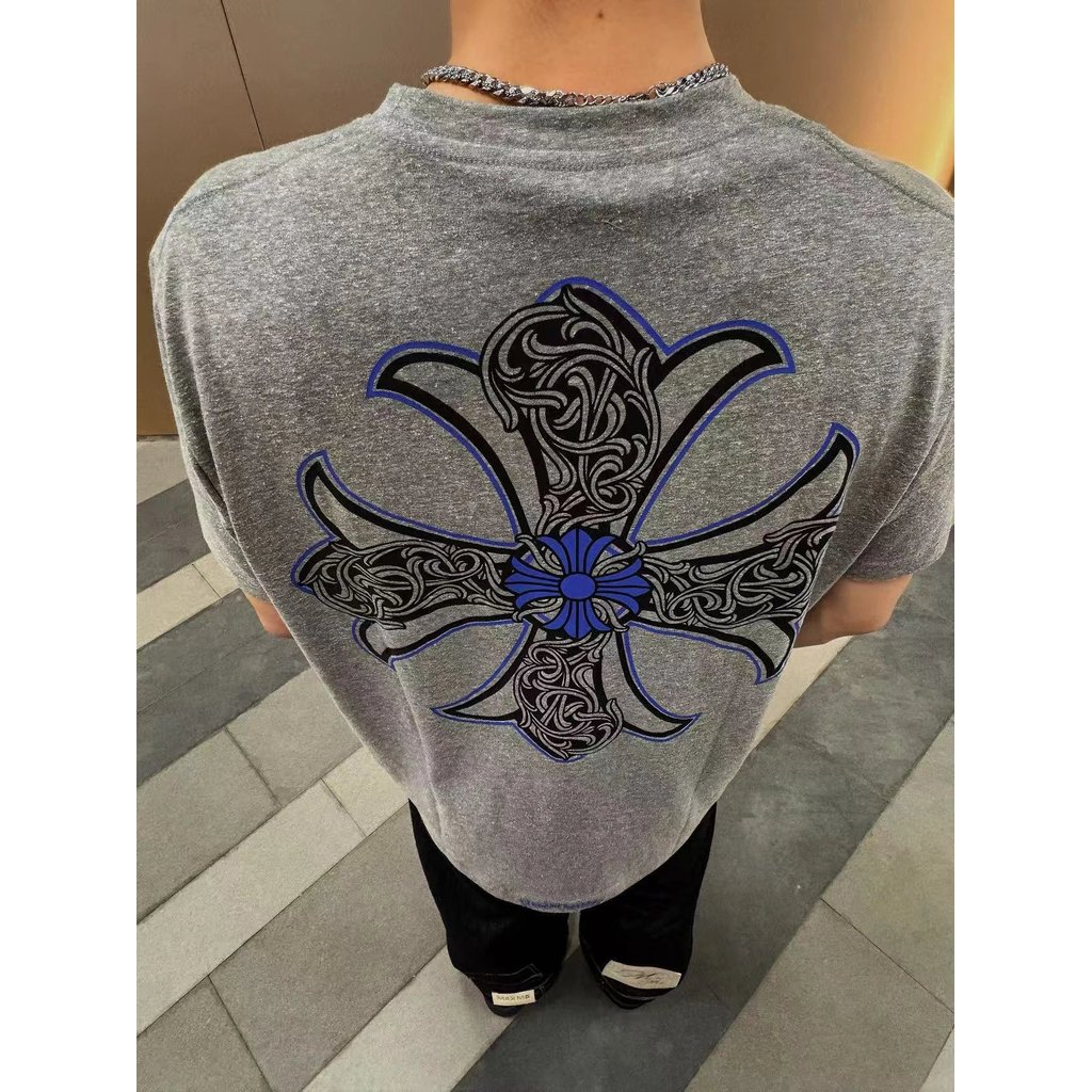 ป้ายเดิม Kehua สีเทาสีฟ้า Horseshoe Incription พิมพ์เสื้อแขนสั้นครึ่งแขน Kexin ผู้ชายผู้หญิงที่มีสีส