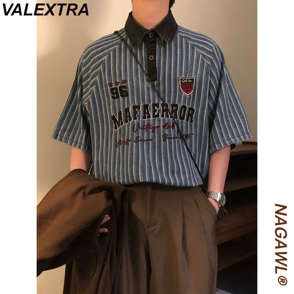 VALEXTRA อเมริกันลายปักเสื้อโปโลแขนสั้นผู้ชายผู้หญิง Retro Preppy สไตล์หลวมสไตล์อินเทรนด์ 5.5