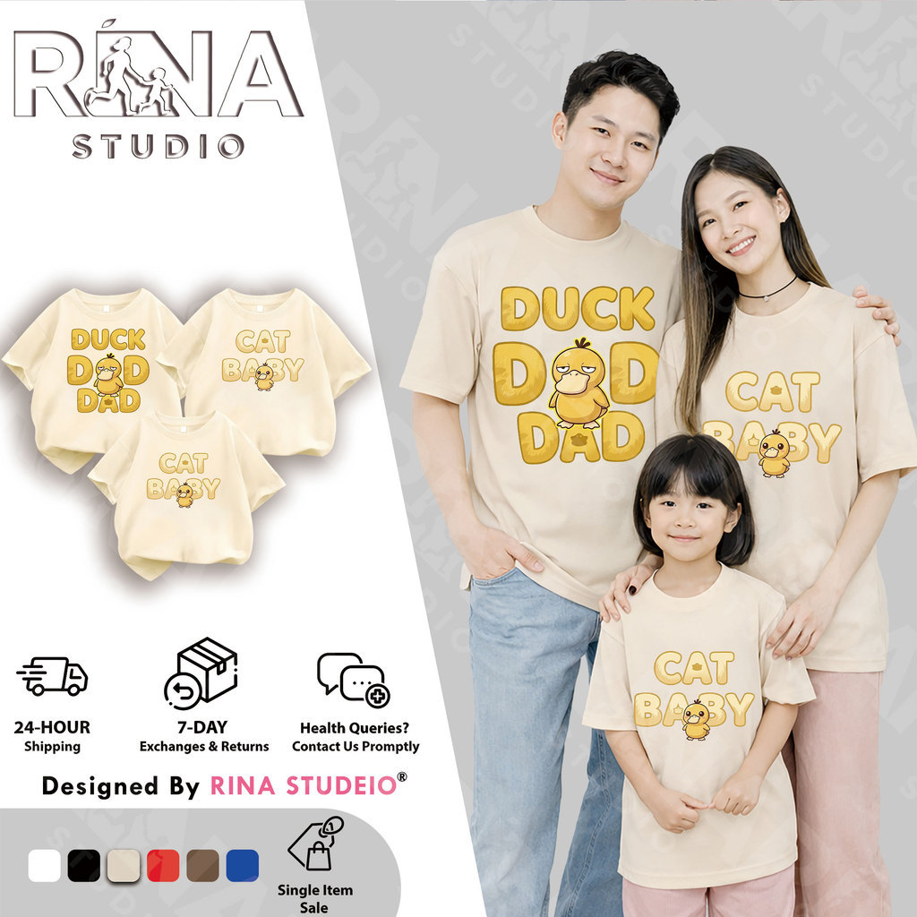 RINA STUDIO Psyduck พิมพ์เสื้อยืดครอบครัวพ่อแม่และลูกสําหรับครอบครัวสําหรับภาพบุคคลครอบครัว