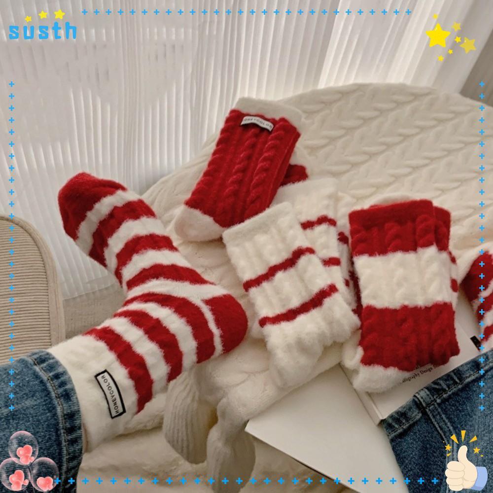 ถุงเท้าขนแกะปะการัง SUSTH, Stripes Warm Middle Tube Socks, Thicken Plush Home Sleep Floor Socks ผู้ห