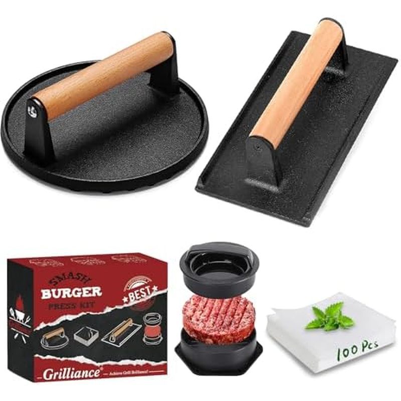 5pcs Smash Burger Press Kit, 3 in 1 Hamburger Press Patty Maker, Cast Iron Burger Press Round & Rect