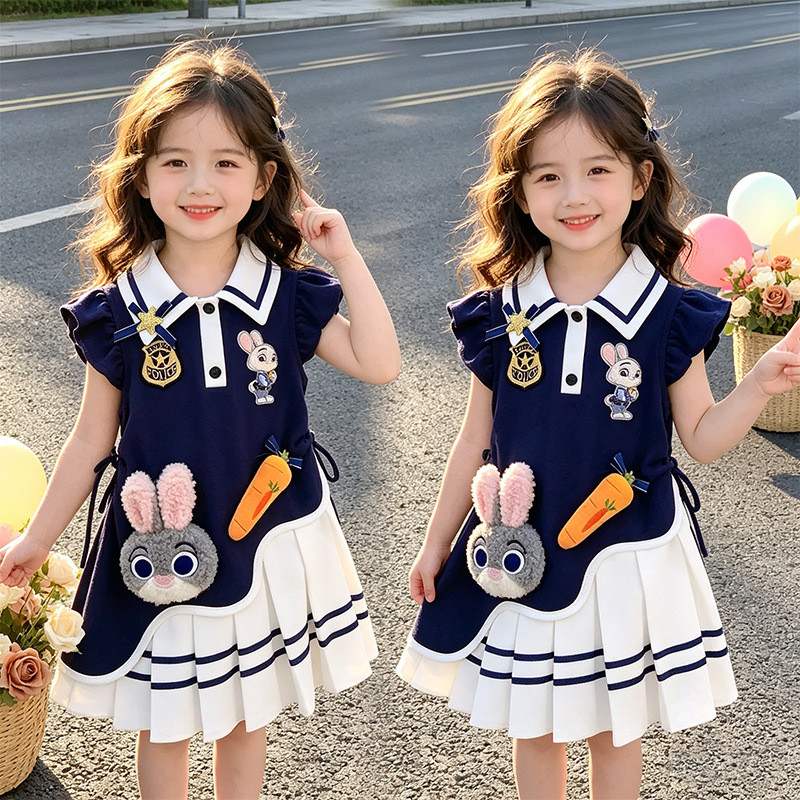 1-15yrs Kids Zootopia Judy Hopps Dress | ชุดเจ้าหญิงคอปกโปโลสีกรมท่าชุดฤดูร้อนระบายอากาศสําหรับเด็กผ