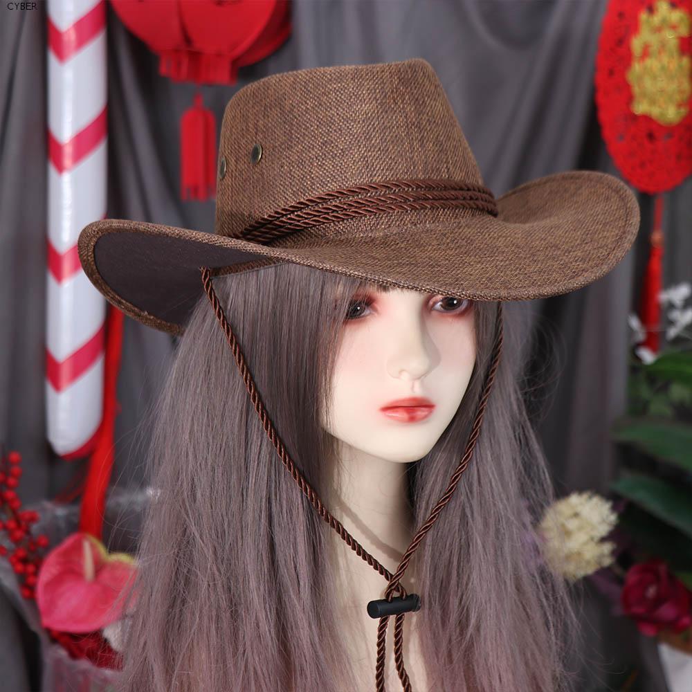 CYBER Western Cowboy Hat, Linen Wide Brim Summer Sun Hat, Casual Climbing Hat Beach Cap Outdoor Viso