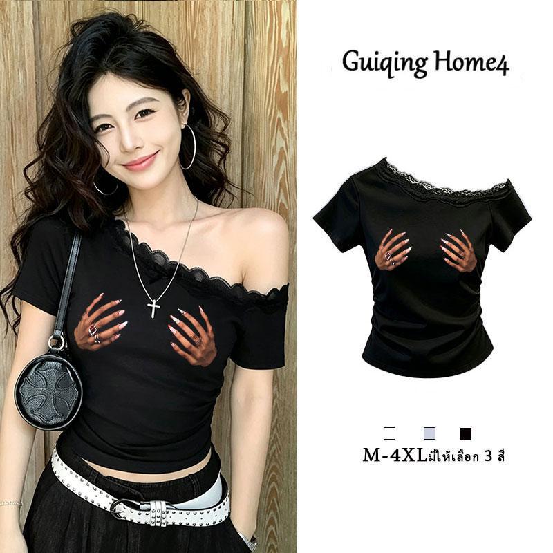 (จัดส่งตลอด 24 ชั่วโมง) M-4XLเสื้อลูกไม้วัยรุ่นสาวอวบ เสื้อปาดไหล่ ข้างเดียว เสื้อครอปลายดอกไม้สงกรานต์ เสื้อยืดสุดฮิต