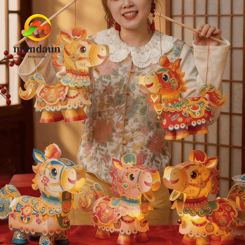 MUNDAUN ปีม้าโคมไฟ,เทศกาลบรรยากาศแพคเกจวัสดุ DIY โคมไฟปีโบราณ,กันน้ําแขวนเครื่องประดับส่องสว่างโคมไฟมือถือเด็กหัตถกรรม