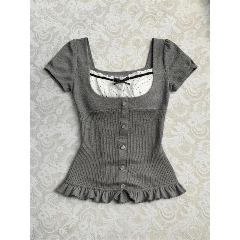< Ready Stock Order > French Retro Lace Polka Dot Bow เย็บปุ่มด้านบนผู้หญิงฤดูร้อน Slimmer ดู All-Match Pure Desire เสื้อยืดแขนสั้นเสื้อยืดแขนสั้นสั้น