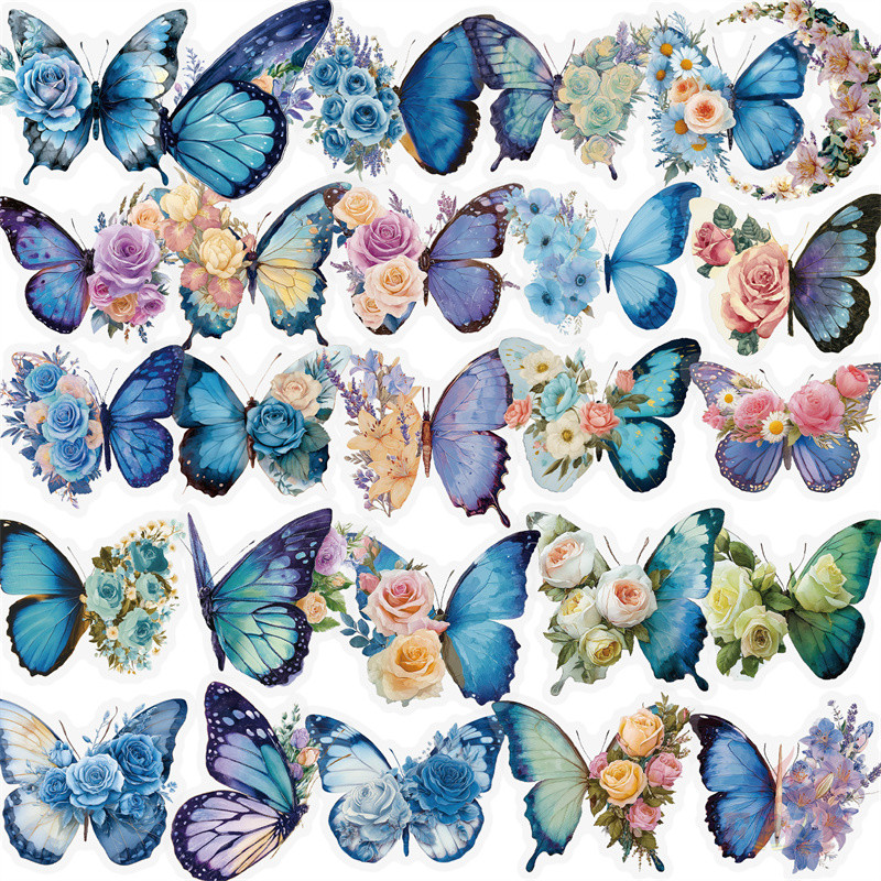 ❉ Butterfly & Flowers Series 04 PET สติ๊กเกอร์ใส ❉ 54 ชิ้น/เซ็ตกันน้ําแฟชั่น DIY Doodle Decals สติ๊กเกอร์