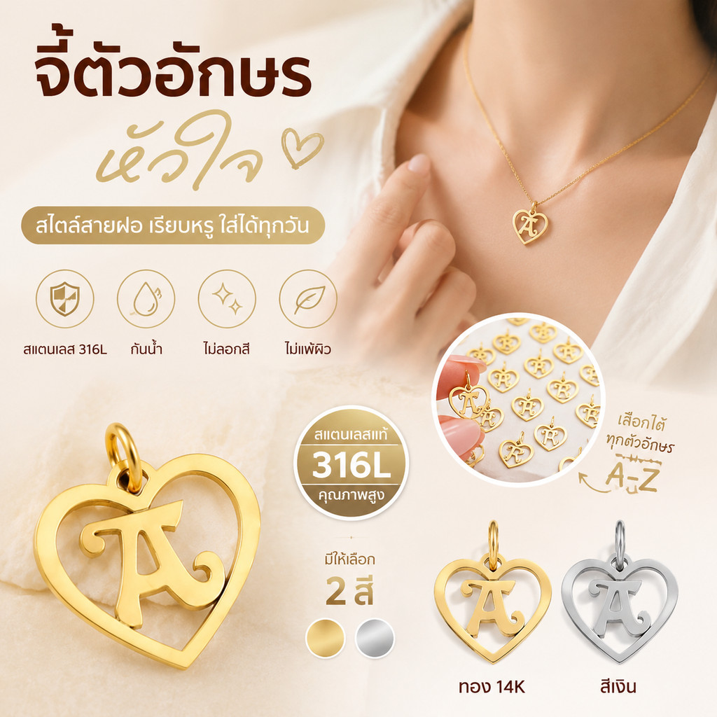 ZHENL จี้หัวใจโปร่งตัวอักษร A-Z 17x16 มม. ขอบเรียบ น้ำหนักเบา 316L สแตนเลสแท้ ชุบ18K ไม่ลอกไม่ดำ ไม่แพ้ผิว กันน้ำ100% ใส่สร้อย/กำไลได้ ของขวัญคู่รัก แฟน