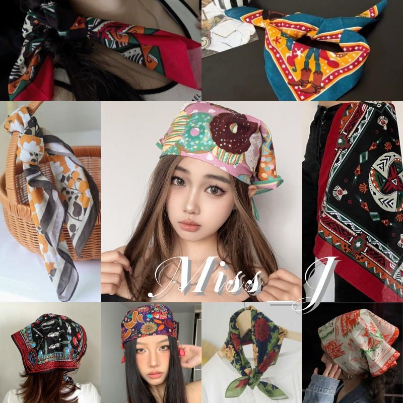 Miss_J พร้อมส่งจากกทม 🎀ผ้าพันคอสี่เหลี่ยมผ้าฝ้ายเดนิมสไตล์เรโทรอเมริกัน ขนาด 55*55 ซม. สำหรับตกแต่งคอและศีรษะ