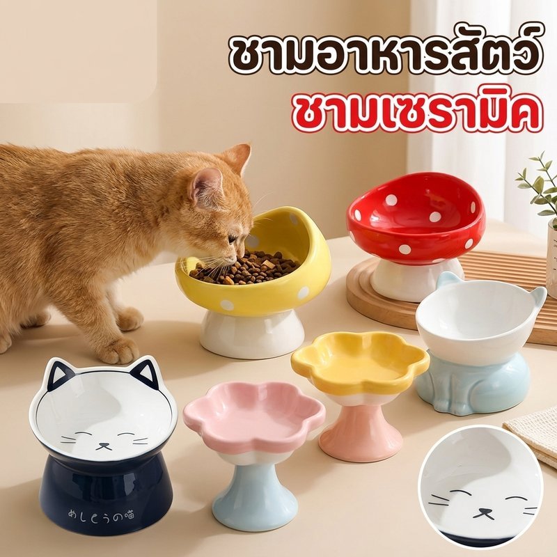 ชามแมว เซรามิก ยกระดับ ป้องกันลื่นไถล ปากกว้าง ล้างง่าย ป้องกันคางสีดำ พกพาสะดวก สำหรับแมว