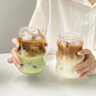 MOON 530 มล. ถ้วยแก้วกาแฟคาเฟ่ สไตล์เกาหลี ทรงกลม ลายตรงแก้วใส ดื่มนมชา บอโลซิลิเกต ทนความร้อน