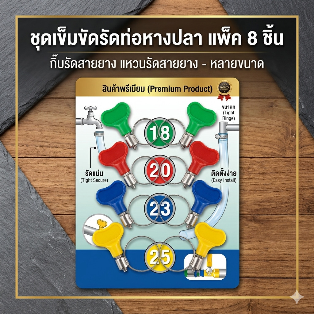 ชุดเข็มขัดรัดท่อ หลายขนาด แพ็ค8ชิ้น เข็มขัดรัดท่อหางปลา กิ๊บรัดสายยาง แหวนรัดสายยาง (DBE280)