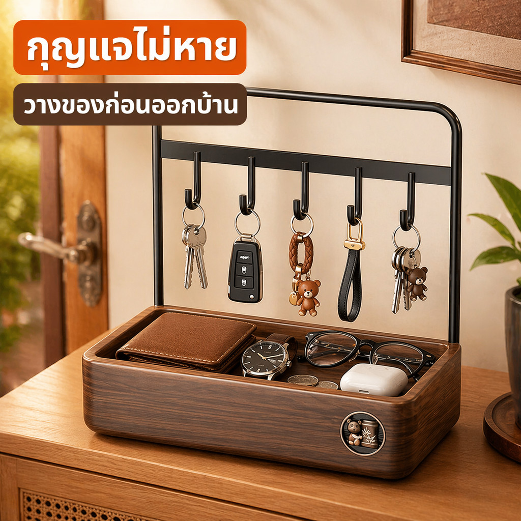 YoCiao ที่แขวนกุญแจไม้พร้อมถาดวางของหน้าประตู ใส่เครื่องประดับ นาฬิกา ของขวัญแต่งบ้าน