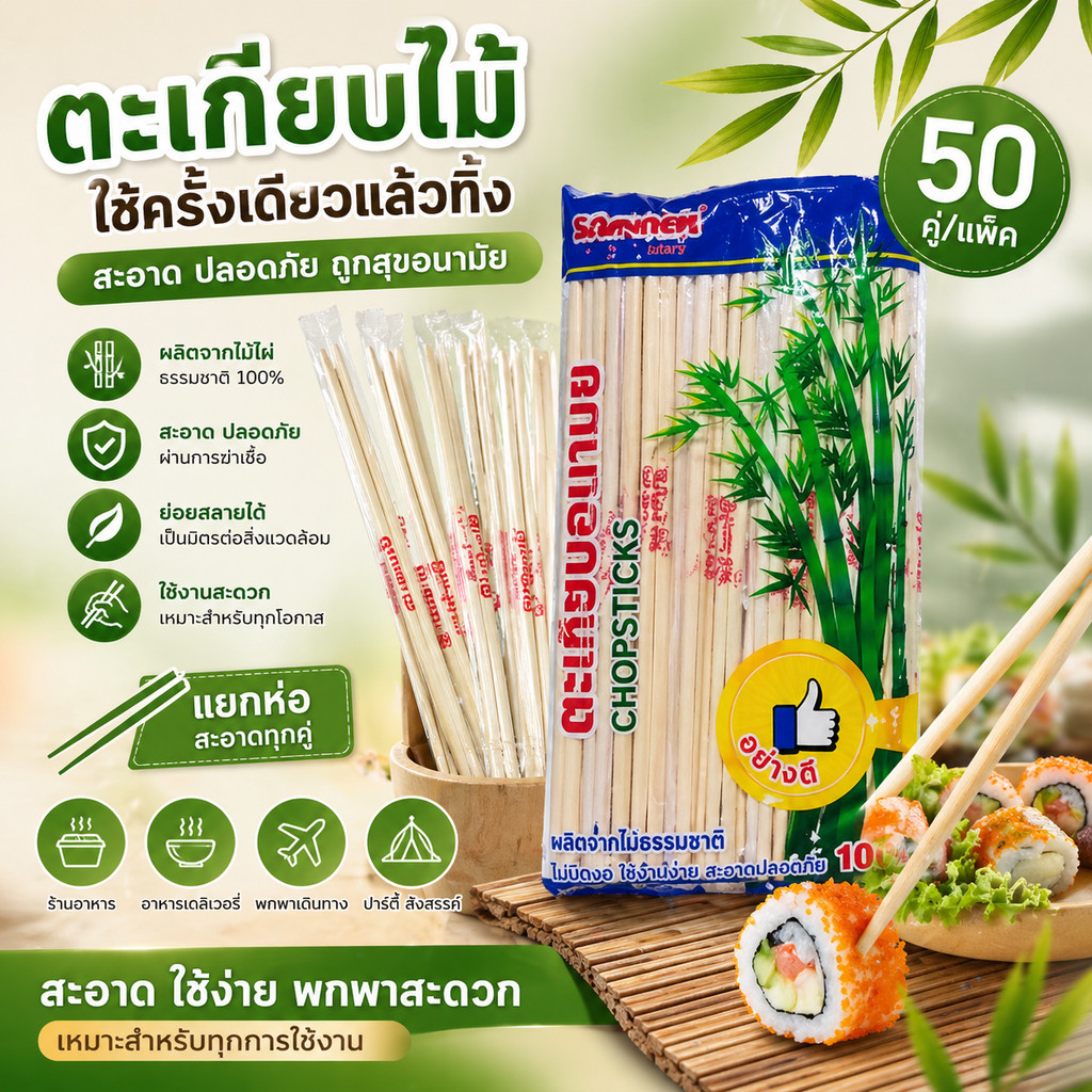 ตะเกียบใช้ครั้งเดียวแล้วทิ้ง 50 คู่ ตะเกียบ ตะเกียบไม้ ตะเกียบใส่ห่อพลาสติก (DKIW-02)