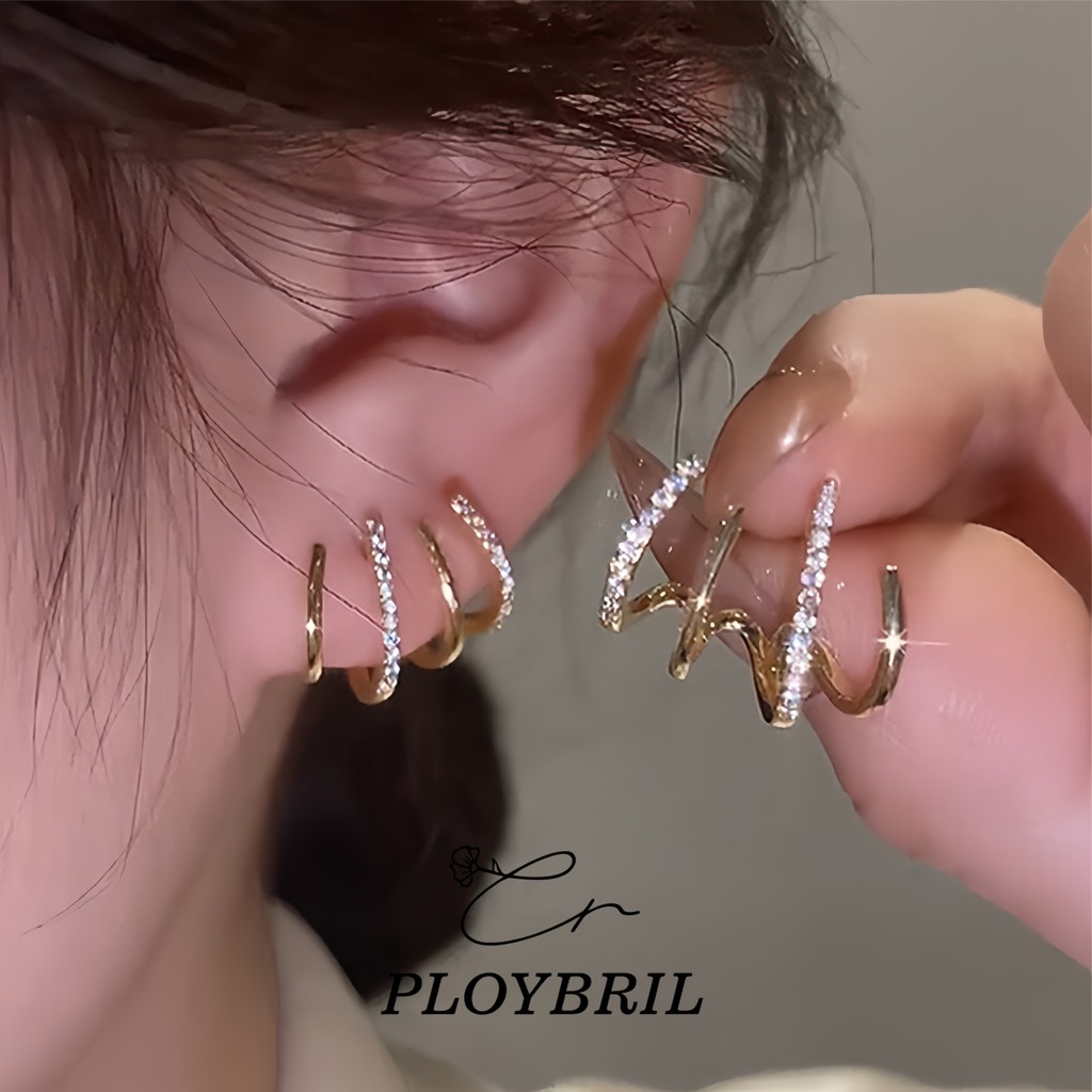 PLOYBRIL ต่างหูเข็มเงิน ชุบทองแท้ เพทาย ทรงเรขาคณิต สไตล์เกาหลี ดองแดมุน เรียบง่าย ระดับไฮเอนด์ E074
