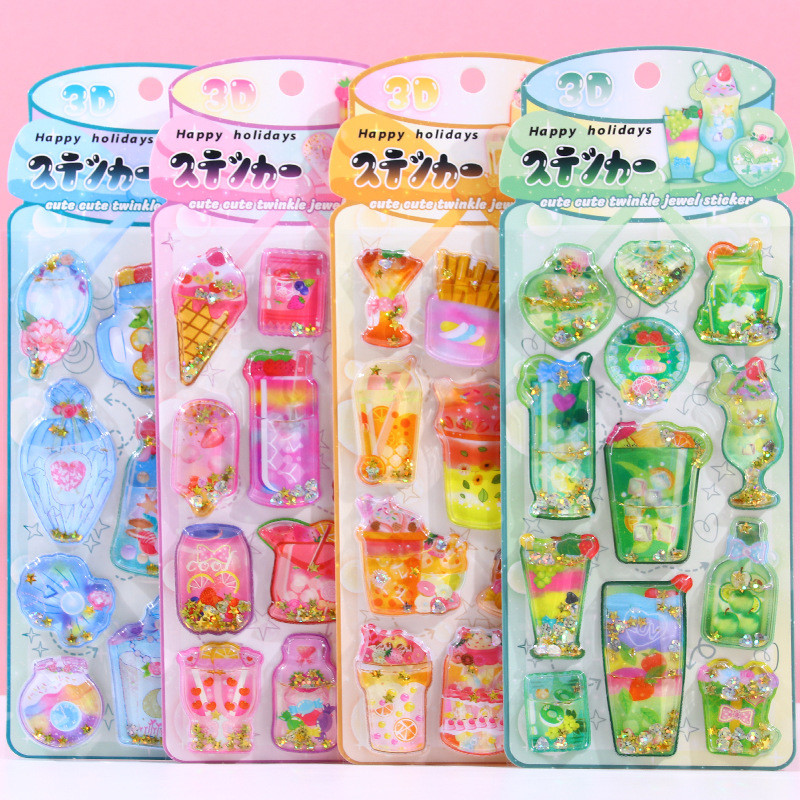 Kawaii 3D Liquid Shaker สติกเกอร์น่ารัก Glitter ไอศกรีม DIY สมุดภาพเคสโทรศัพท์ Deco เกาหลี Polco สติกเกอร์