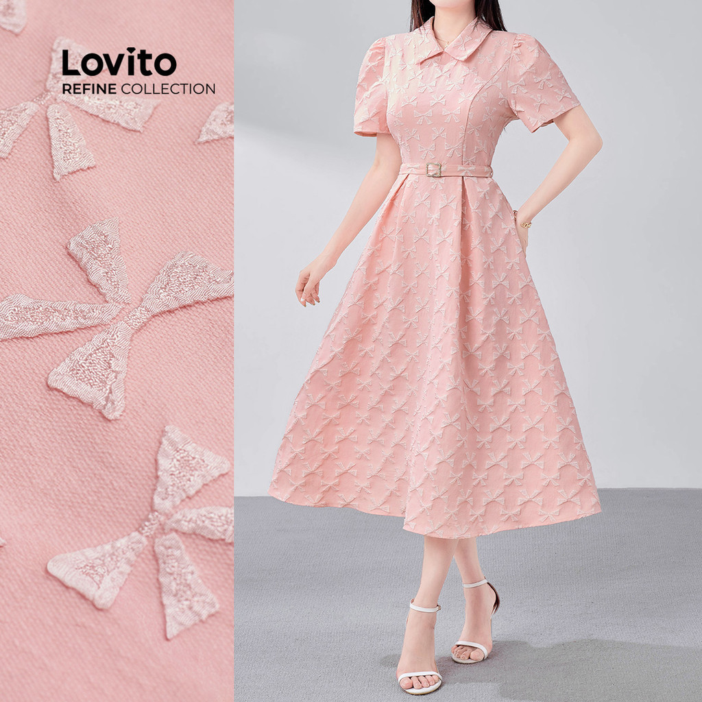 (New) (Refine by Lovito) ชุดเดรสเจคการ์ดหรูหราฤดูใบไม้ผลิ/ฤดูร้อน สีชมพู สำหรับผู้หญิง LR18E122