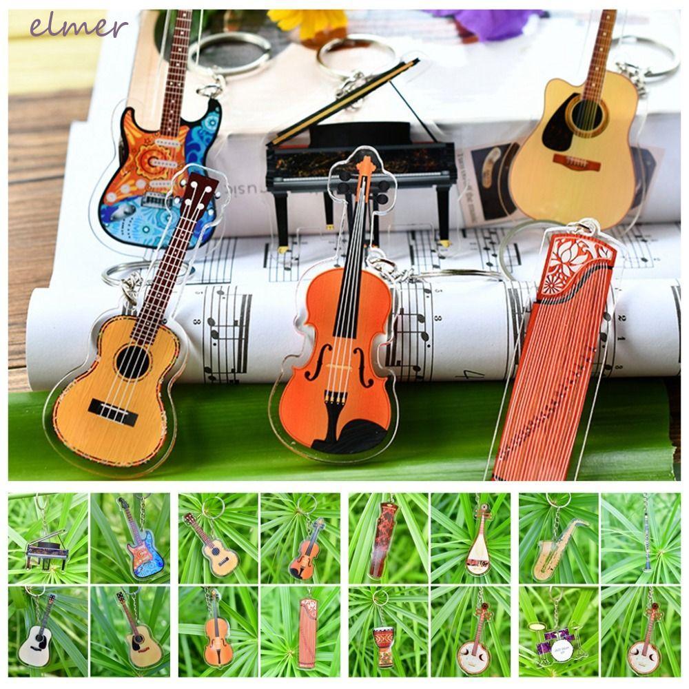 ELMER กีตาร์พวงกุญแจอะคริลิค, Ukulele VIOLIN กีตาร์จี้,เครื่องมือ Key Chain Cello Djembe Trung Lugen