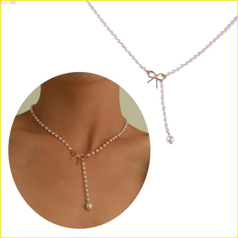 CLILI Elegant Bowknot Tassels จี้ไข่มุก แฟชั่นชอกเกอร์