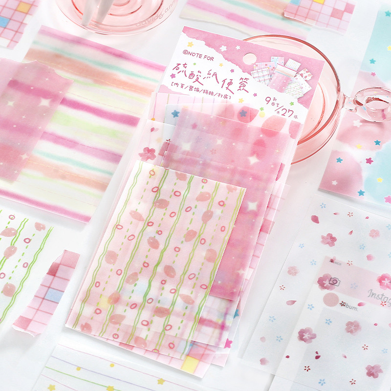 WEI 27 ชิ้น [ชุดกระดาษไหลสีป่า] กระดาษเวลลัม Sticky Notes Spring Field สีเขียวสีชมพู Fluff Whisper ก