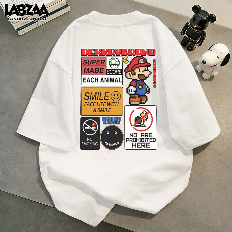 【จัดส่งจากกรุงเทพฯ】LABZAA เสื้อยืดแขนสั้นคอกลม วินเทจฟอกน้ำ Oversized ระบายอากาศ ลายพิมพ์การ์ตูนมาริโอ้ ผ้าฝ้าย 100% YG1021