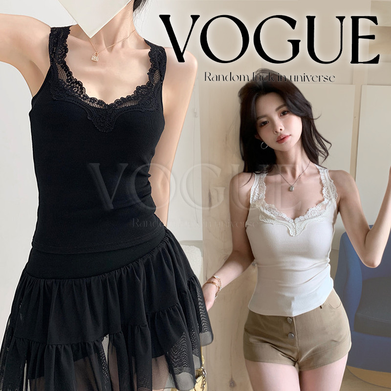 Vogue🌟พร้อมส่ง🌟 เสื้อสายเดี่ยวคอยู ขอบลูกไม้ ดีเทลสายไขว้ ผ้ายืดพอดีต้ว (FY5112#1)
