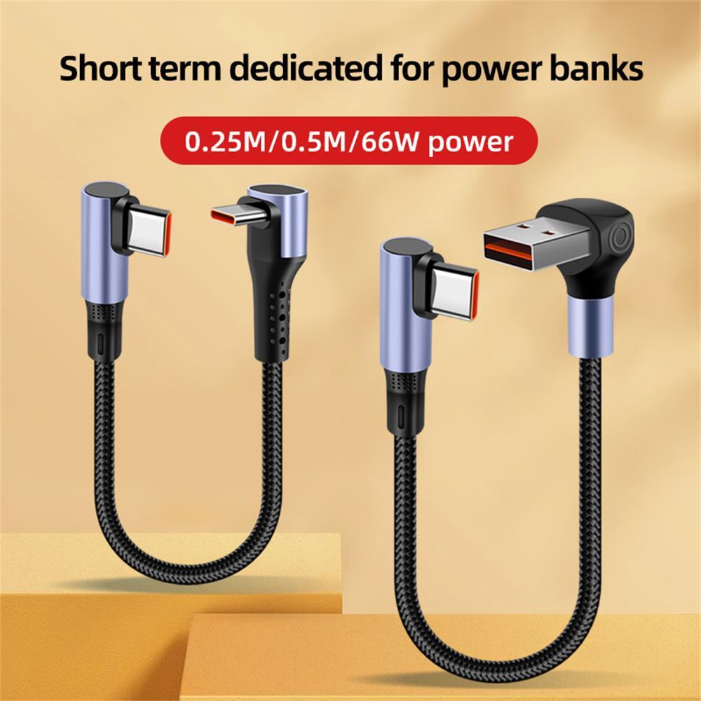 0.25/0.5M สั้น 66W 90 องศาข้อศอก USB A ประเภท C ถึง Type C สาย 6A Fast Charging Data สายไฟ Power Ban
