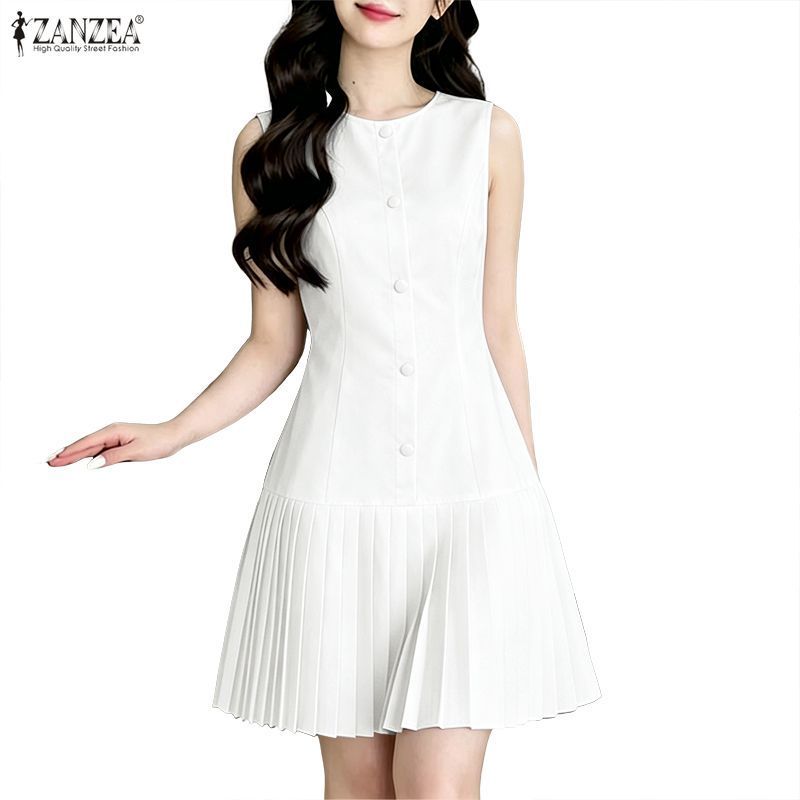 ZANZEA ผู้หญิงเกาหลีอารมณ์ Officewear ลูกเรือคอ Single-Breasted Pleats Hem Plain Tank Dresses