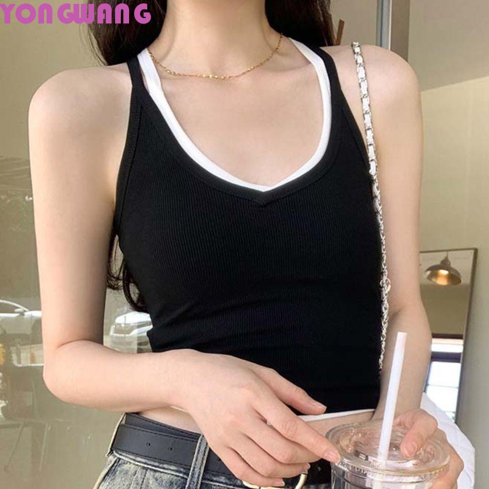 YONGWANG66HR Skinny Camisole,ลึกVคอถังY2K Slim Fit Tops,แฟชั่นสบายๆBasicฤดูร้อนแขนกุดCami Top Beach
